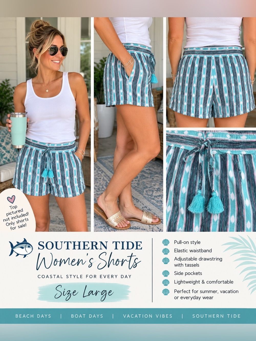 Southern Tide Pull-On Teal & White Striped Women's Shorts with Tassel Drawstring